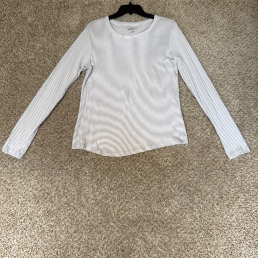 Eddie Bauer Womens Grey White Striped Long Sleeve Crewneck Top Size Large L